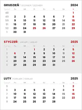 Limmande kalender, 3-språkig  - tredelad, 2 färger, 120x90, limmad